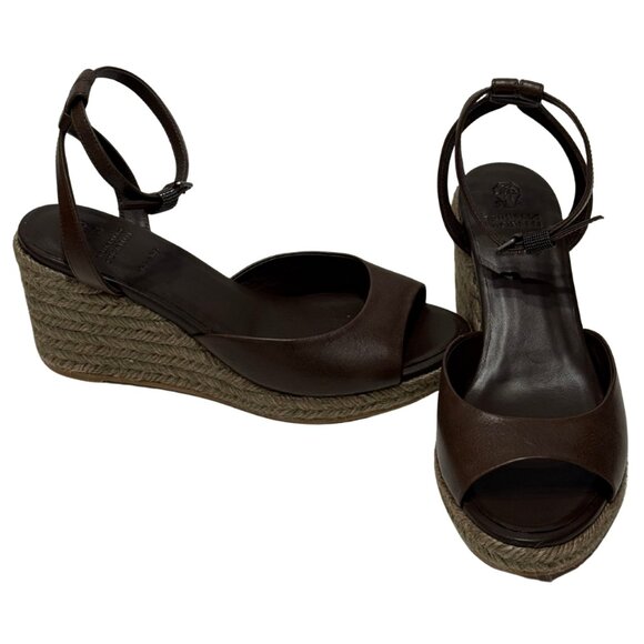 $1250 Brunello Cucinelli brown leather espadrille wedges size 8/38 - Picture 4 of 6